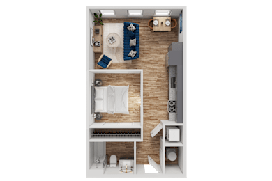 A top-down view of a small apartment with a bed, desk, and kitchenette.
