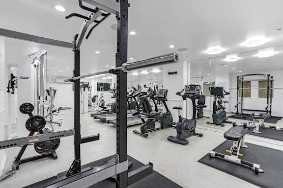A well-equipped gym with various exercise machines and weights.at Park Wilshire, California, 90057