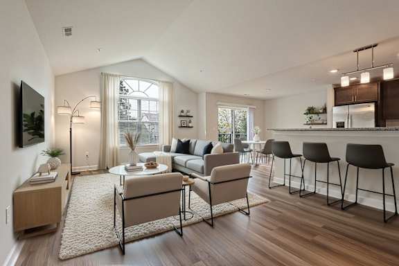 A modern living room with a large couch, a dining table, and a television.