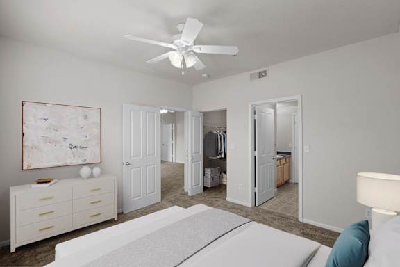 A white bedroom with a bed, dresser, and a painting on the wall.