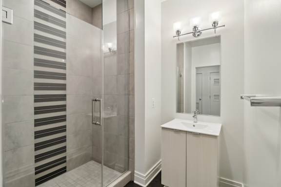 A bathroom with a walk-in shower and a sink.