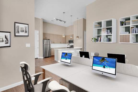 A modern home office with a kitchen in the background.