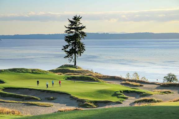 A group of people playing golf on a beautiful golf course with a tree and a windmill in the background.