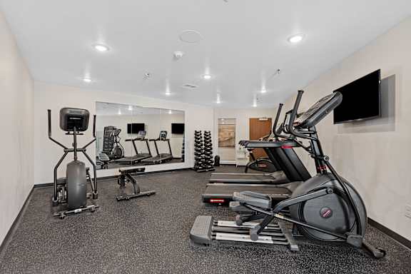 A spacious gym with a variety of equipment including treadmills, elliptical machines, and weights.