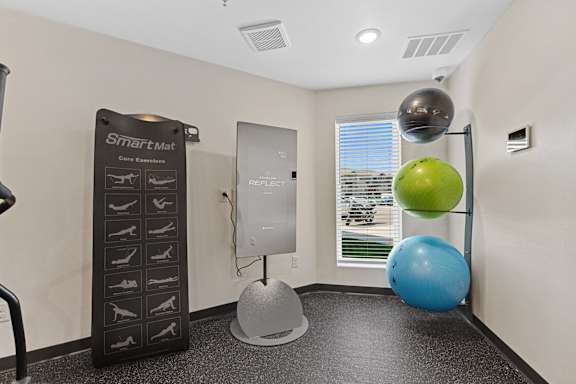A room with a Smart Mat and a ball suspended from the ceiling.