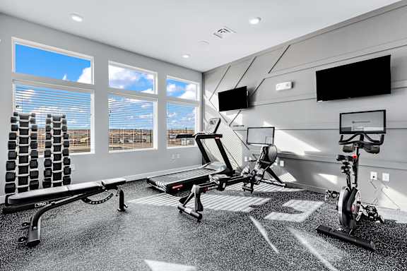 A gym with a row of treadmills and elliptical machines.