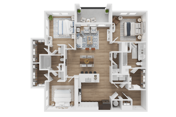 A detailed 3D floor plan of a house layout.