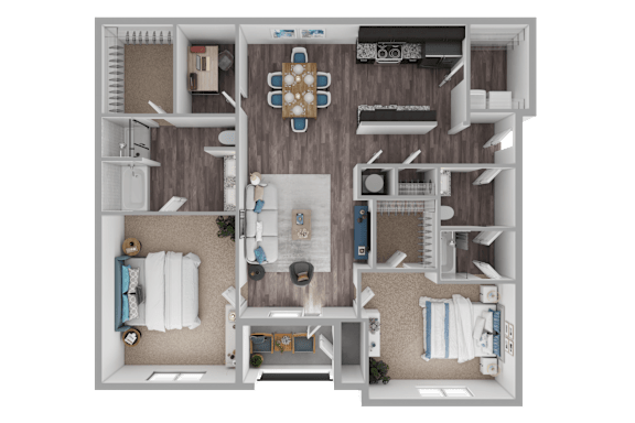 A top-down view of a house layout with a central living area, two bedrooms, a kitchen, and a bathroom.