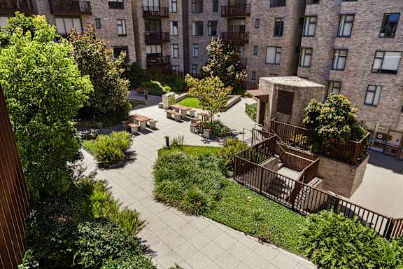 A courtyard with a bench and a tree in front of apartment buildings.