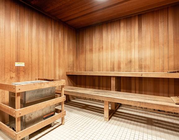 sauna with wooden walls and benches