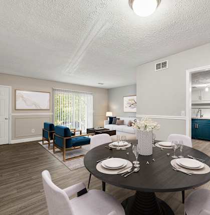 A dining room with a round table set for six at Pines at Lawrenceville Apartments in Decatur, Georgia, 30033