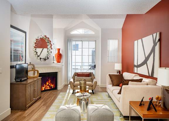 Fireplace Living Area at The Preston Miracle Mile Apartments, Los Angeles, California