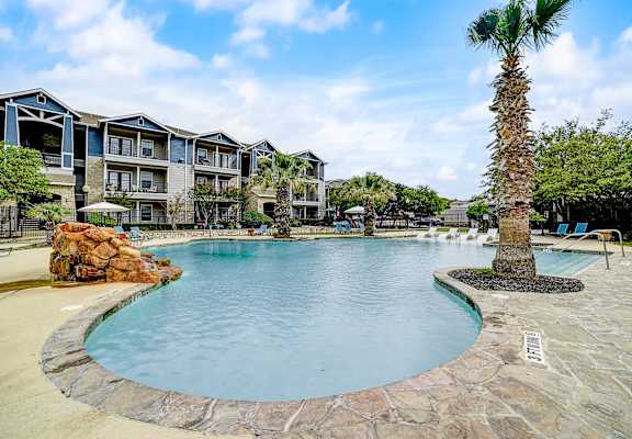 a large swimming pool with a palm tree in the middle of it