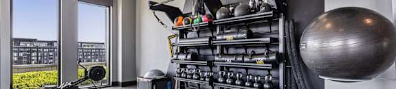A gym with a black weight rack and a black mat.