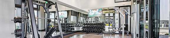 A gym with a variety of equipment including a leg press machine.