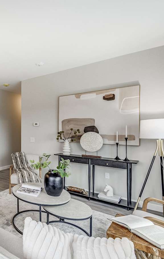 A modern kitchen with a view of the city.