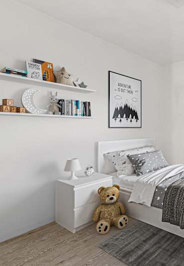 Modern children's bedroom with a white twin bed, star-patterned bedding, floating shelves, and a large window overlooking nature.
