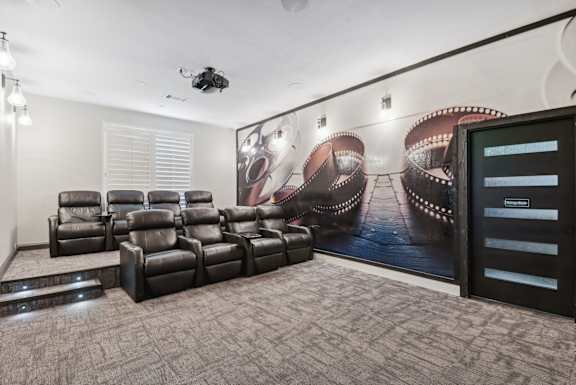 A home theater with a large screen and comfortable seating.