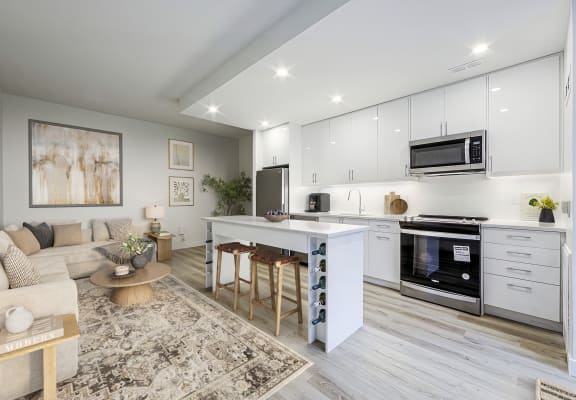 Image of a staged suite, the view is from the kitchen looking over the coffee table back to the dining room. The furniture is a contemporary adaptation of the mid-century modern style.  In this image, the TV mounted on the wall is visible.