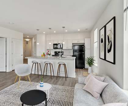 A modern living room with a grey sofa, a black and white rug, and a dining area in the background.