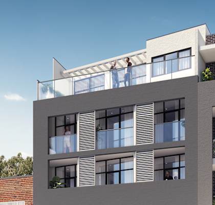 a rendering of an apartment building with a car on the street