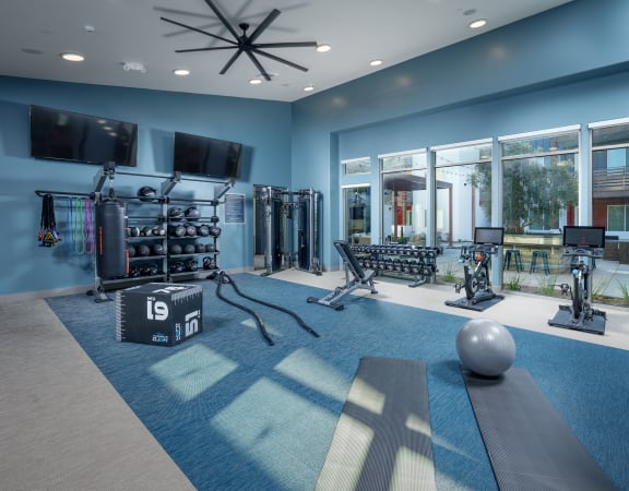 The state-of-the-art workout room at Aurora Apartments
