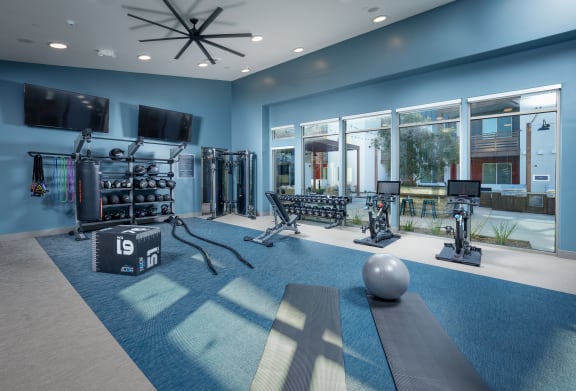 The state-of-the-art workout room at Aurora Apartments