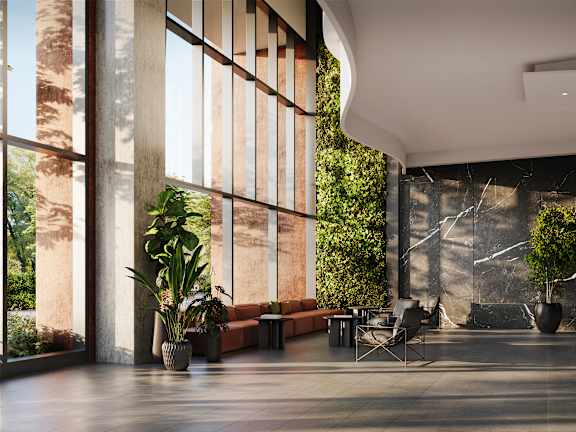 A modern living room with a large window and a green plant.