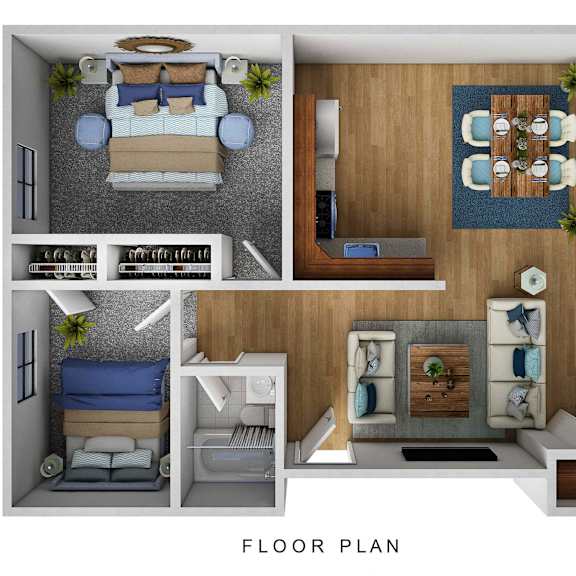 A floor plan of a small apartment with a bedroom, living room, kitchen, and bathroom.