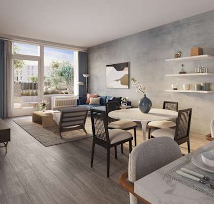 Living room and dining room with a table and chairs at Hudson Piers, Yonkers, NY 10701
