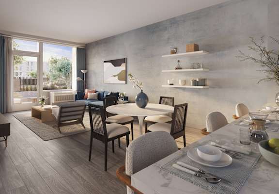 a rendering of a living room and dining room with a table and chairs
