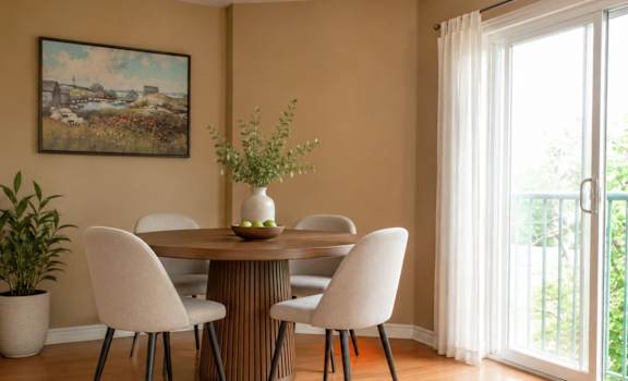 A dining room with a table set for four and a painting on the wall.