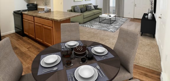 a living room and dining room with a table and chairs and a kitchen