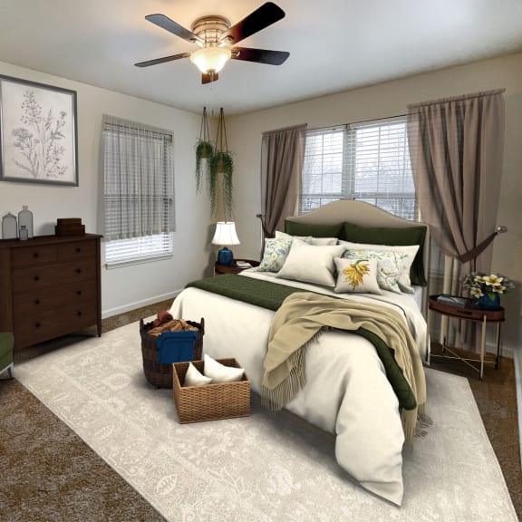 a bedroom with a bed and a ceiling fan