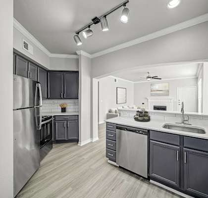 a kitchen with stainless steel appliances and a large counter top