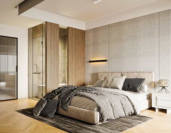a bedroom with a bed and a rug