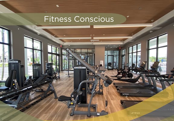 a gym with cardio equipment and fitness concessions