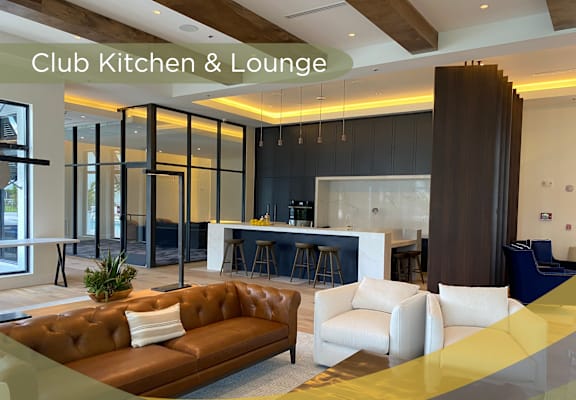a rendering of a club kitchen and lounge with a couch