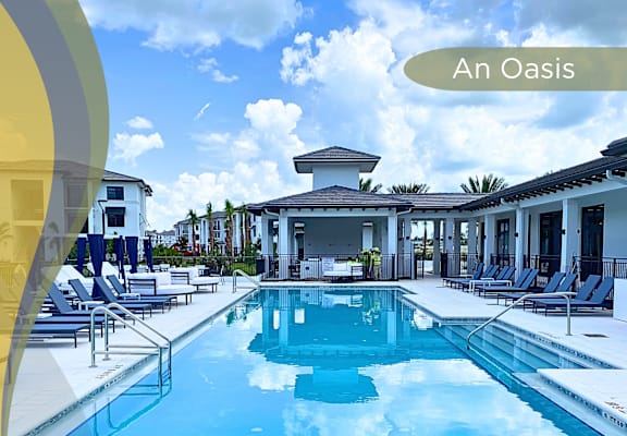 an oasis pool with lounge chairs around it and a building with a blue sky