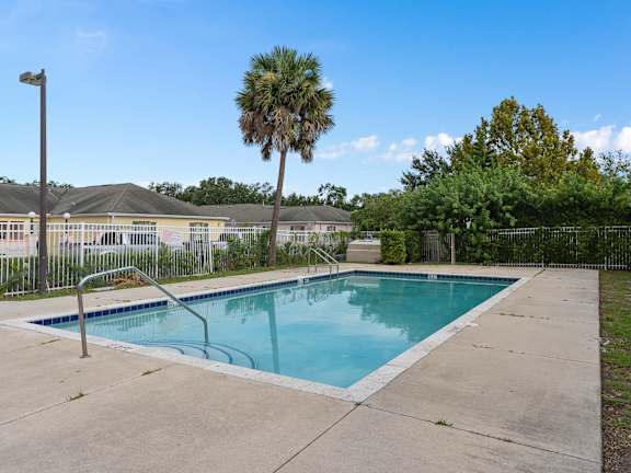 a swimming pool with a palm tree in front of a house at The Groves at Wimauma Apartments , Wimauma, Florida