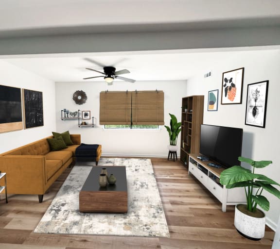 a living room with a couch and a tv