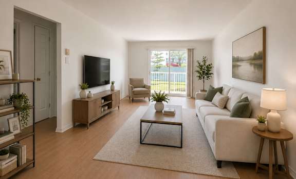 A living room with a white couch, a coffee table, and a television.
