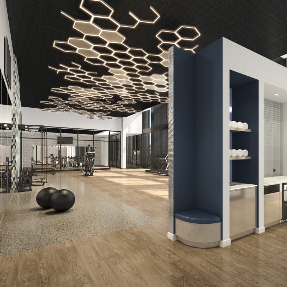 a rendering of the lobby of an office building with honeycomb ceilings