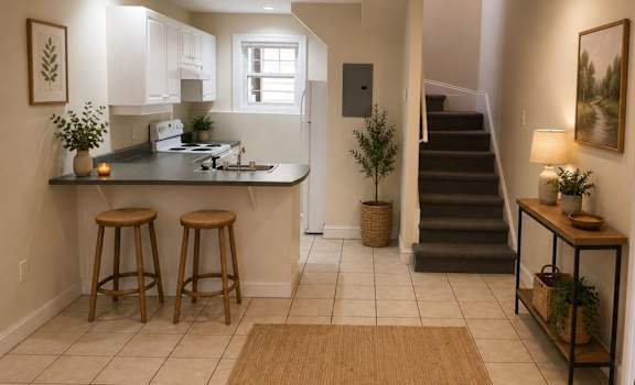 A kitchen with white cabinets and a countertop with two bar stools.