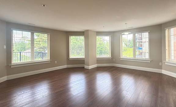 A room with wooden floors and three windows.