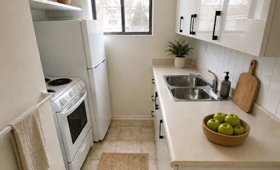 A kitchen with a white oven and white cabinets.
