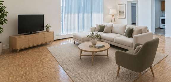 A living room with a sofa, a coffee table, and a television.