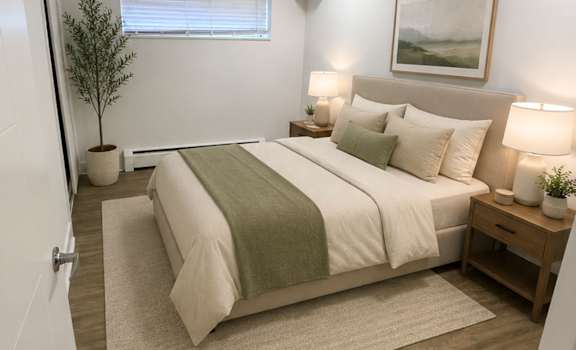 A bedroom with a bed, nightstands, and a plant.