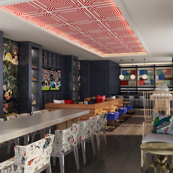 a rendering of a restaurant with tables and chairs and a bar