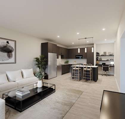 A modern living room with a glass coffee table and a white sofa.at Croft at Rosecott, Rosemount, MN